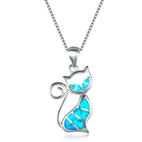 boho cute cat design imitation blue fire opal pendant necklace for women charm blue crystal rhinestones necklace jewelry gift