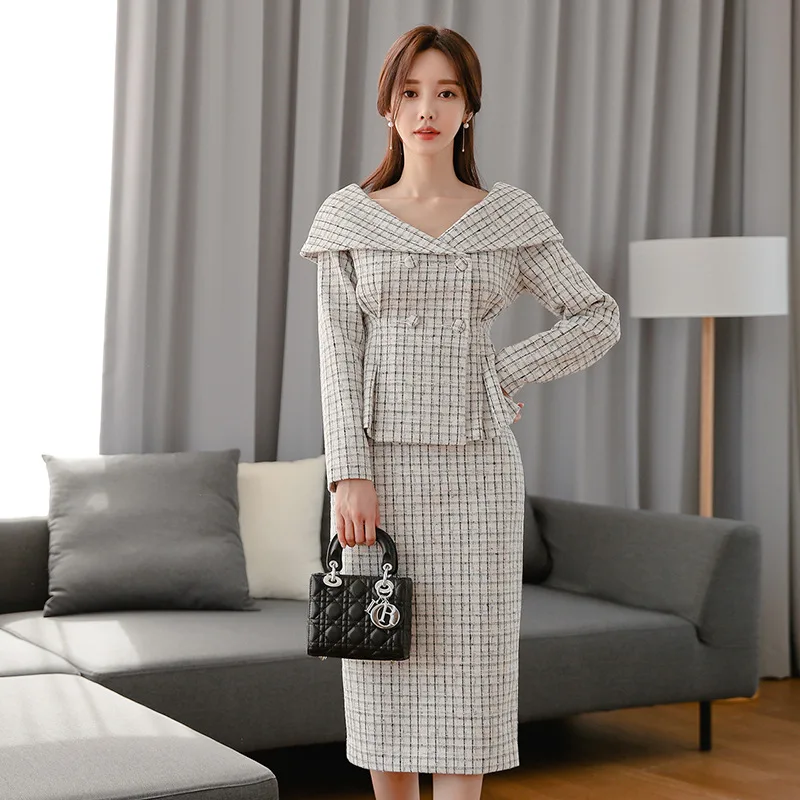 Женский комплект из 2 предметов Клетчатая блузка и облегающая юбка средней длины