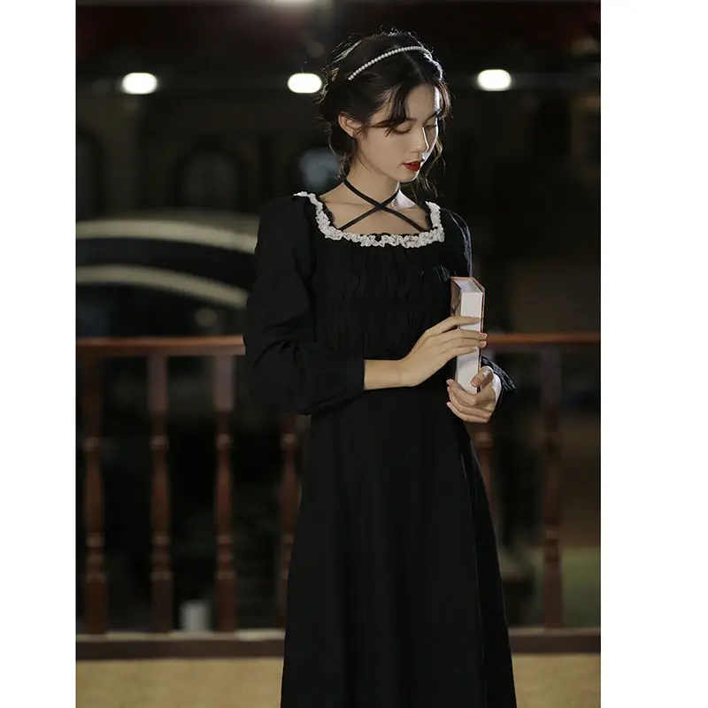 

QWEEK Vintage Elegant Dress Women Gothic Harajuku Bandage Wrap Ruched Lace Dress Long Sleeve Fairy Midi Dresses for Women 2020