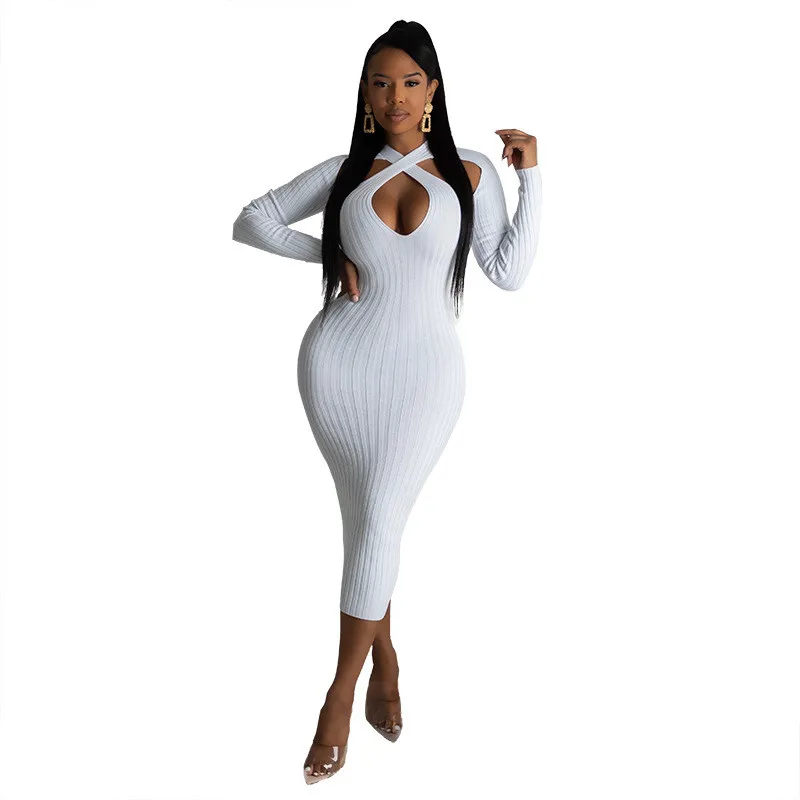 

Spring Autumn Sexy Hollow Out Backless Dresses 2021 Women Fashion Solid Long Sleeve Slim Dress Plus Size Knitted Party Vestidos