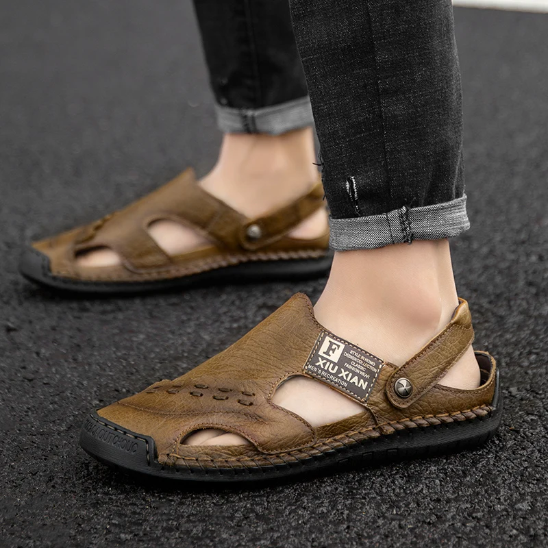 

WOTTE Man Sandals Summer Leather Male Beach Sandals Soft Comfortable Male Outdoor Beach Slippers Slip-ON sandalias hombre