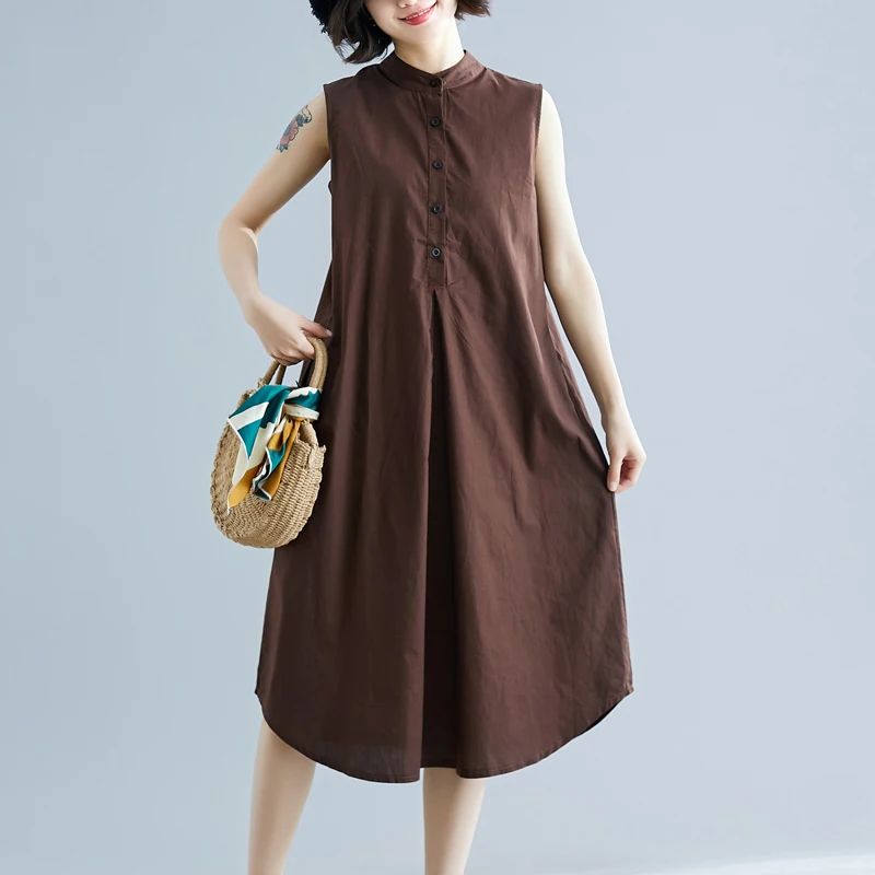 

Oversized Cotton Solid Women Shirt Dress Summer 2021 New Sleevelss Straight Knee-length Lady Elegant Dresses Top Quality