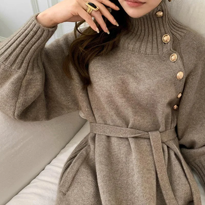 

One-Piece 2020 Korean Style Winter Chic Dress French Super Long Loose Turtleneck Collar Dress Button Type Retro Sweater Dresses
