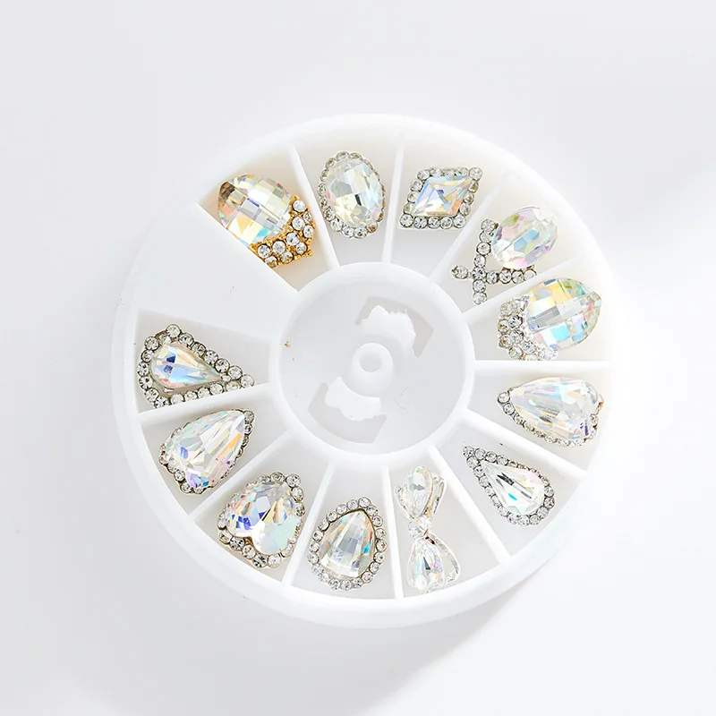 

12pcs Box Nail Rhinestone AB Crystal Alloy Flat Back Nails Stone Gems Glass Jewelry 3D Nail Art Decorations DIY Design Charm