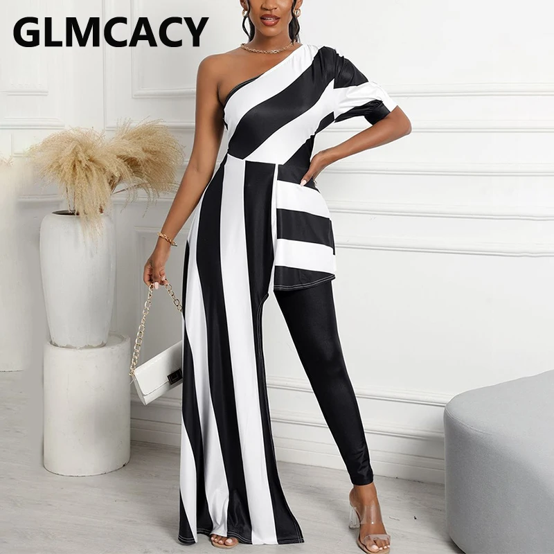 

One Shoulder Striped Slim Playsuit Elegant Runway Rompers