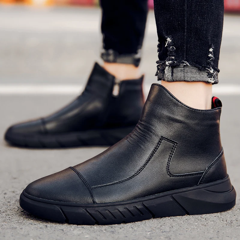 Мужские повседневные кожаные ботинки зимние на платформе Нескользящие с мехом