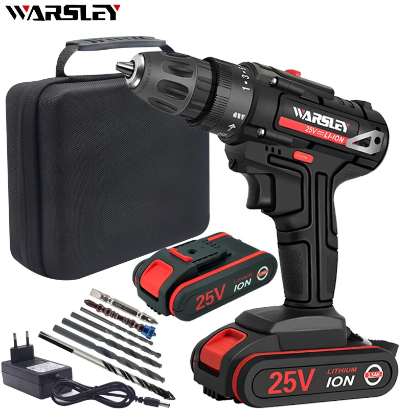 Электрический шуруповерт WARSLEY 25 в ручная дрель 1 5 Ач литиевая батарея зарядная + 7