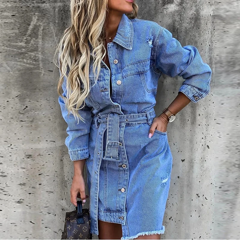

Fashion Slim Denim Dresses Spring Autumn Lace Up A-line Dress Women Elegant Party Turn-down Collar Button Ladies Dress Vestidos