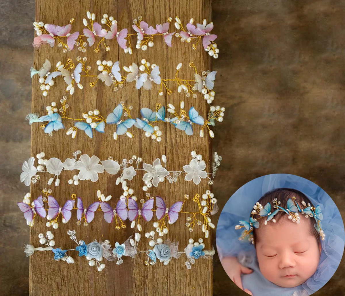 Newborn Butterfly Headband for Photography Props Handmade Baby Girl Headwrap Pearl Baby Tieback Studio Photo Hair Accessories