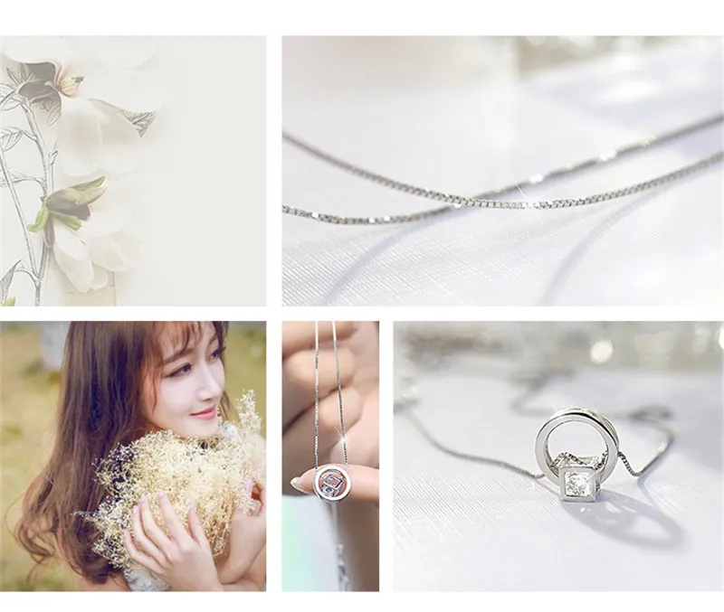 POFUNUO 925 Sterling Silver Cube Zircon Pendant Neckace 3 in 1 Women Stylish Birthday Gift Box Chain choker collares Necklaces | Украшения
