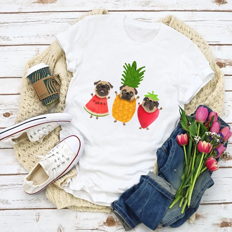Женская летняя футболка с рисунком ананаса арбуза собаки фруктов мультяшная