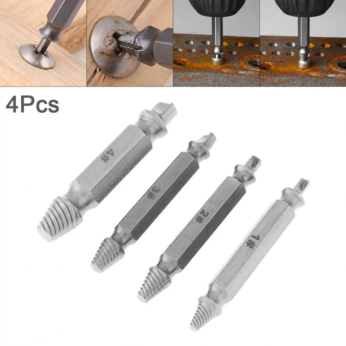 

4pcs/set S2 Alloy Steel Screw Extractor Drill Bit Tools with Hexagon Handle and Double Side for Broken/Damaged Bolt Stud