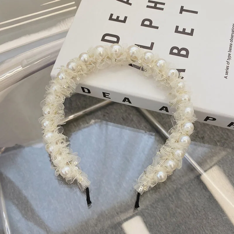 

Korean Sequined Chiffon Mesh Yarn Headband Fine-edge Large Pearl Flower Fold Hair Band Sweet Hair Accessories for Women Girls