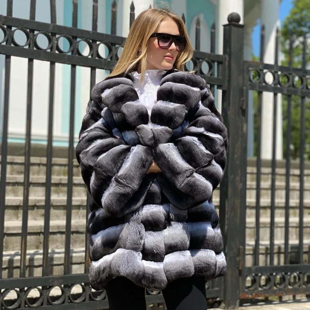 Fashion Chinchilla Color Real Rex Rabbit Fur Coat with Turn-down Collar High Quality Genuine Rex Rabbit Fur Coats Female Outwear