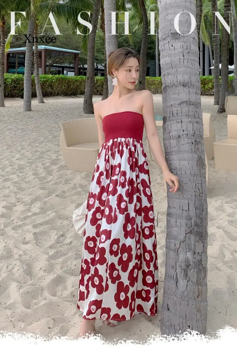 

Sexy Strapless Sleeveless Shoulder Strapless Tube Dress Women High Waist a Line Vestidos Vintage Print Beach Holiday Summer Robe