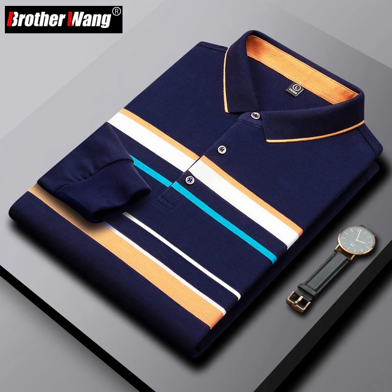 

2021 Осенняя Новая мужская деловая Повседневная полосатая рубашка поло с длинными рукавами, классический стиль, высококачественные футболки...