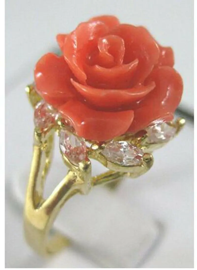 

Pretty 18KGP Pink Coral Rose Flower Women' s Ring AAA+ Size 6-9