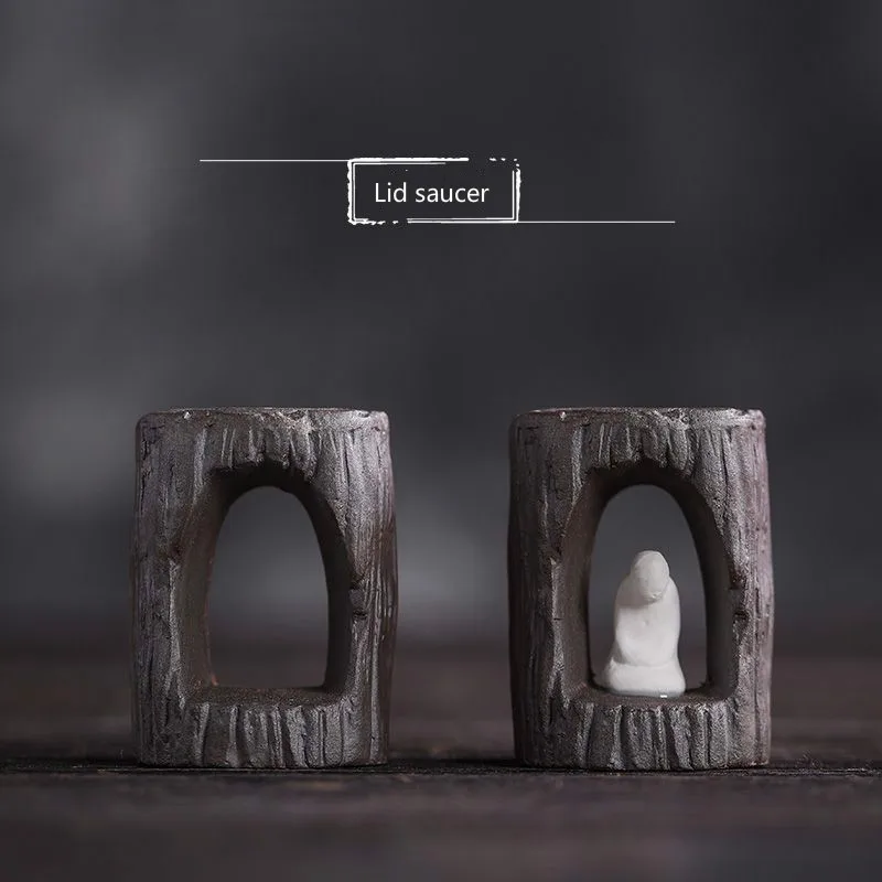 

Hand relief hollow cover with rough pottery ancient tree cover with ceramic cover frame antique Kung Fu tea set accessories