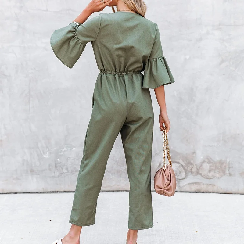 

Casual Summer Women Deep V-Neck Sexy Ruffles Mid Sleeve Jumpsuits Solid Lace Up High Waist Ruched Straight Pants