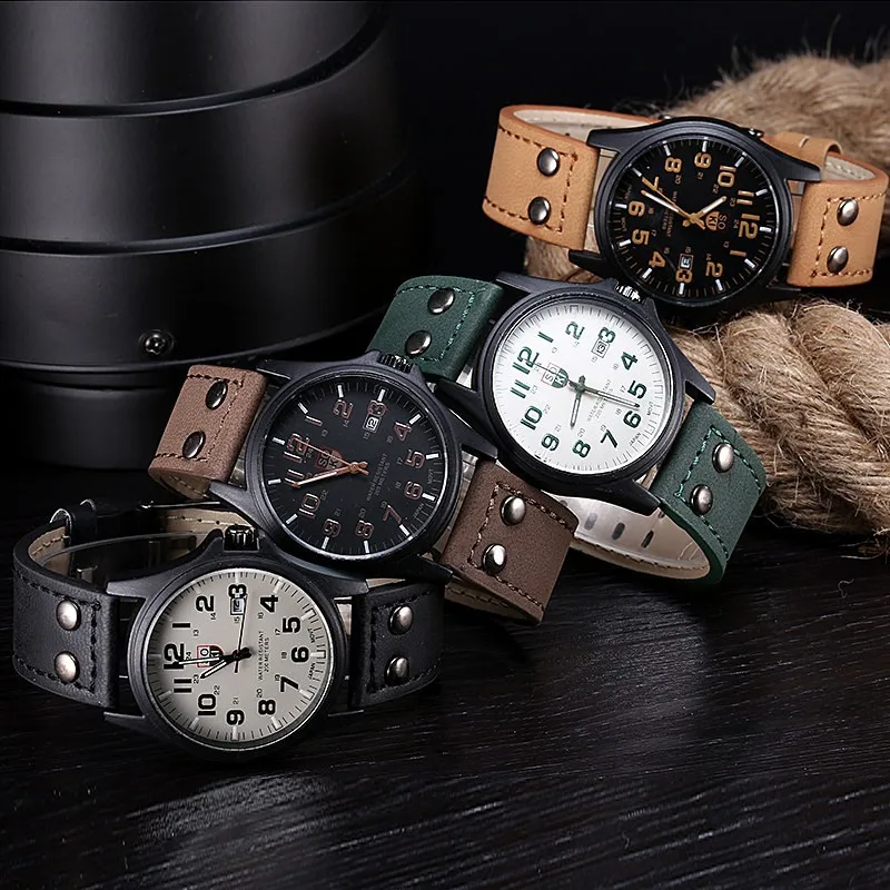 Relógio quartz militar esportivo para homens, relógio de pulso de couro com calendário completo, novo, 2019