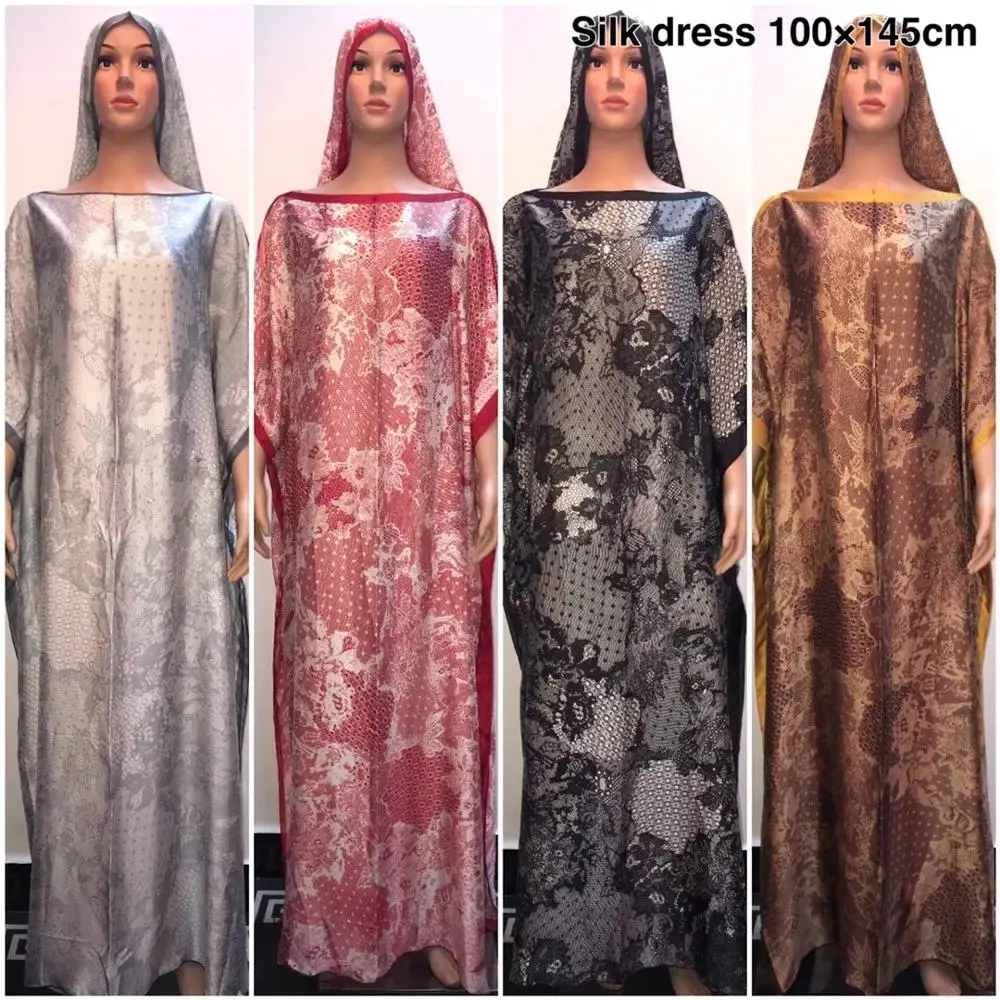 

Sweet European printed Kaftan silk dress match scarf New Fashion Dashiki silk dresses with scarf for African women