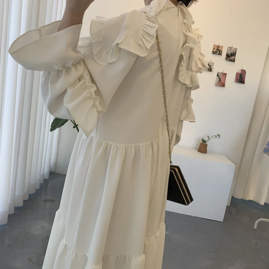 

2021 Women Causal Blouse Dress Double Ruffle Patchwork Peter Pan Collar Dresses Korean New Elegant A-line Vestido