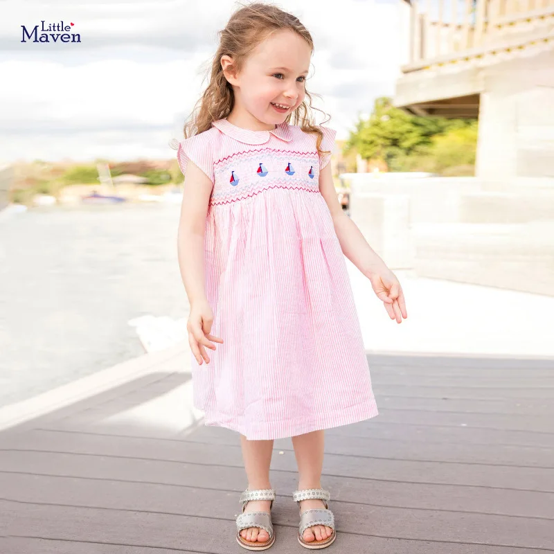 

Little Maven New Spring Autumn Kids Pink Striped Peter Pan Collar Smock Sailboat Girls 2-7yrs Short Cotton Woven Cute Dresses