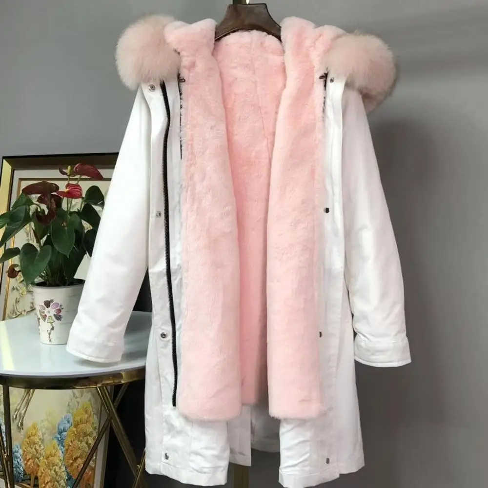 white coat Настоящая меховая парка зимняя куртка женская натуральный Лисий меховой капюшон, воротник с кроличьим вкладышем Толстая теплая тонкая верхняя одежда уличная S-7XL - Цвет: white coat