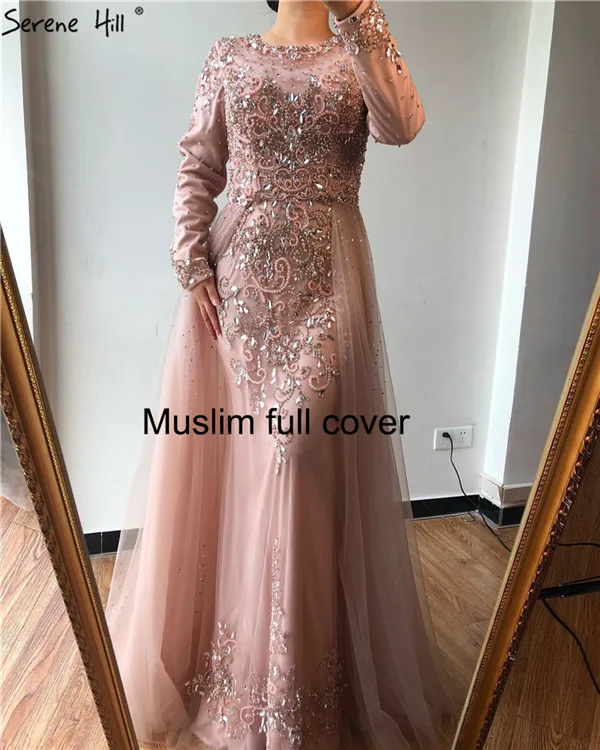 muslim pink Розовые сексуальные платья с v-образным вырезом и длинным рукавом для выпускного вечера настоящая фотография алмазное Бисероплетение со шлейфом платья для выпускного вечера Serene hilm BLA6571 - Цвет: muslim pink
