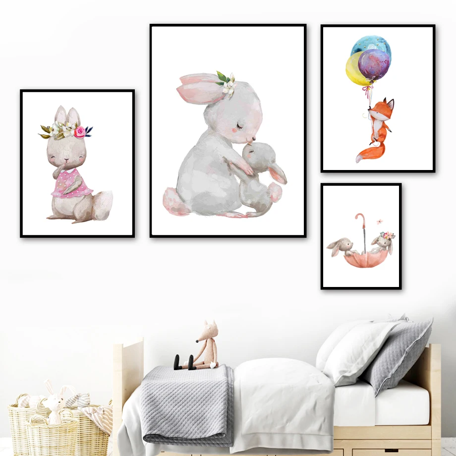 

Cute Bunny Fox Squirrel Balloon Umbrella Flower Wall Art Canvas Painting Nordic Posters And Prints Wall Pictures Kids Room Decor
