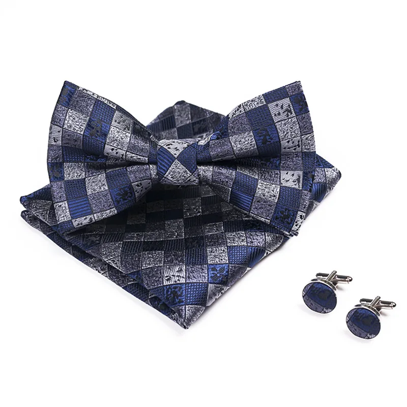 100% Silk Blue Bowtie Woven Dot Checked Stripe Men Bow Tie Set Butterfly Office Wedding Dress Mens Gift Formal luxury Accessory |