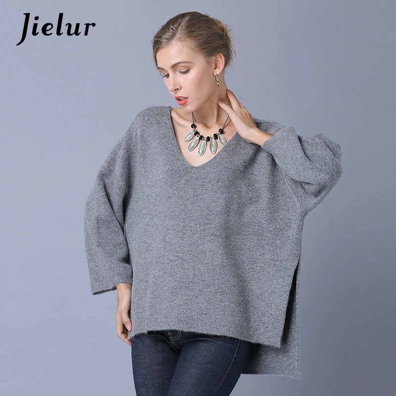 Jielur Europe Solid Color Women's Sweater Loose Split Knitted Pullovers Batwing Sleeve V-neck Simple Tops Jersey Mujer Invierno | Женская