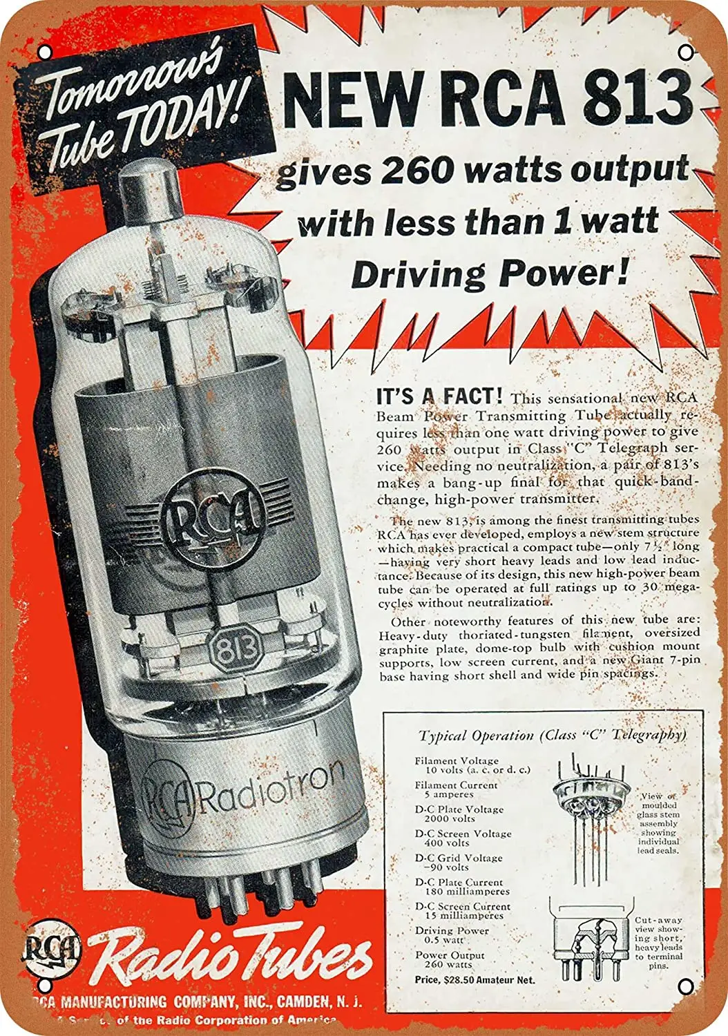 

WallColor 8*12 Metal Sign 1938 RCA Radio Tubes Vintage Look