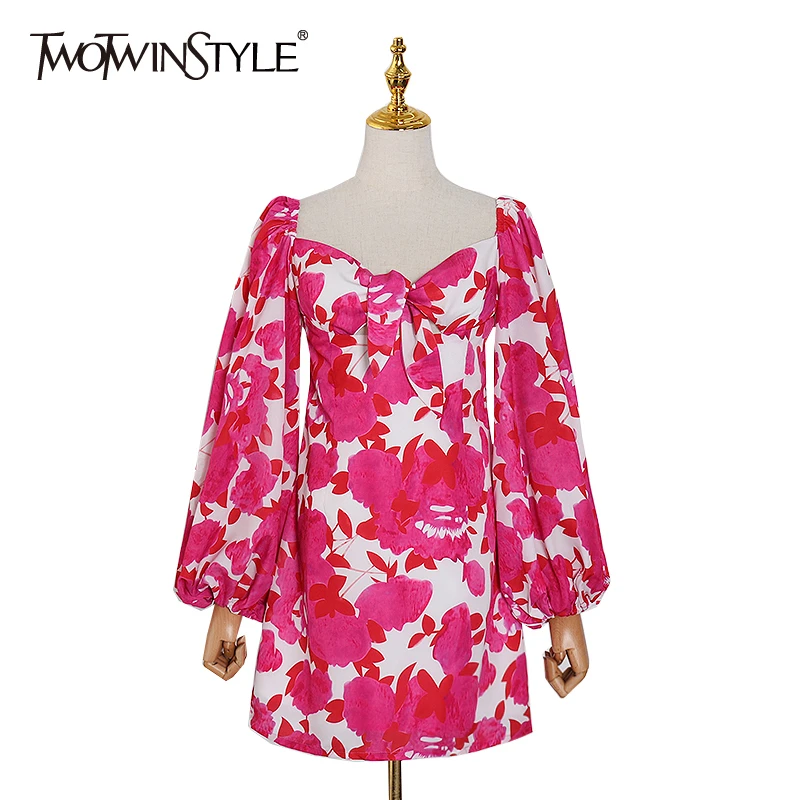 TWOTWINSTYLE винтажное женское платье с принтом квадратный воротник фонарь длинный
