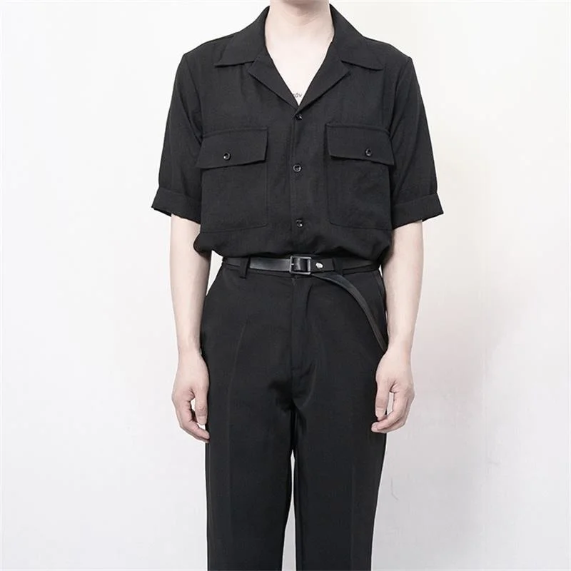 

large 2021 men's Yamamoto style fashion loose linen crimped tooling short sleeve shirt