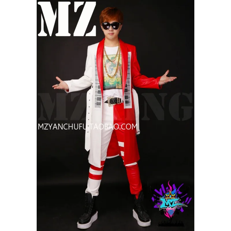 

2020 Men Custom Bar Nightclub Singer DJ GD Red And White Stitching PU Coat Pants Black And White Piano Rhinestone Decoration Set