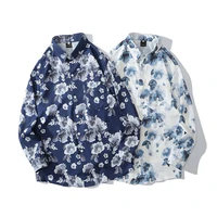 men shirt white blue 2021 new arrival spring and autumn trend loose flowers beautiful male shirt thin chinese style s121