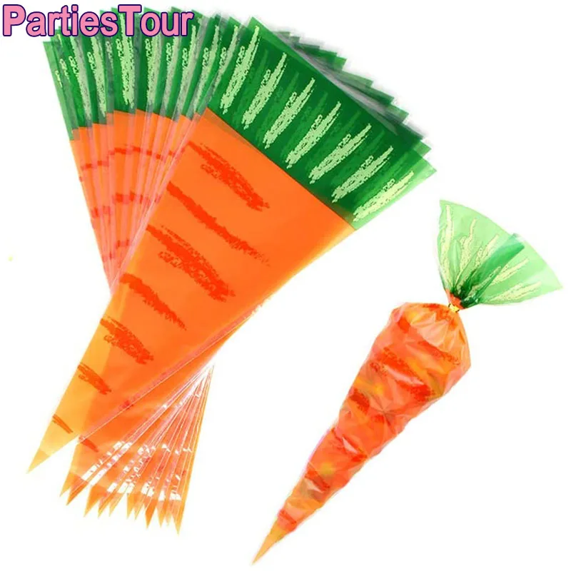 

50pcs Easter Carrot Transparent Cone Cello Bags Carrot Shaped Green Top Goody Bags Triangle Plastic Bags for Easter Party Decors