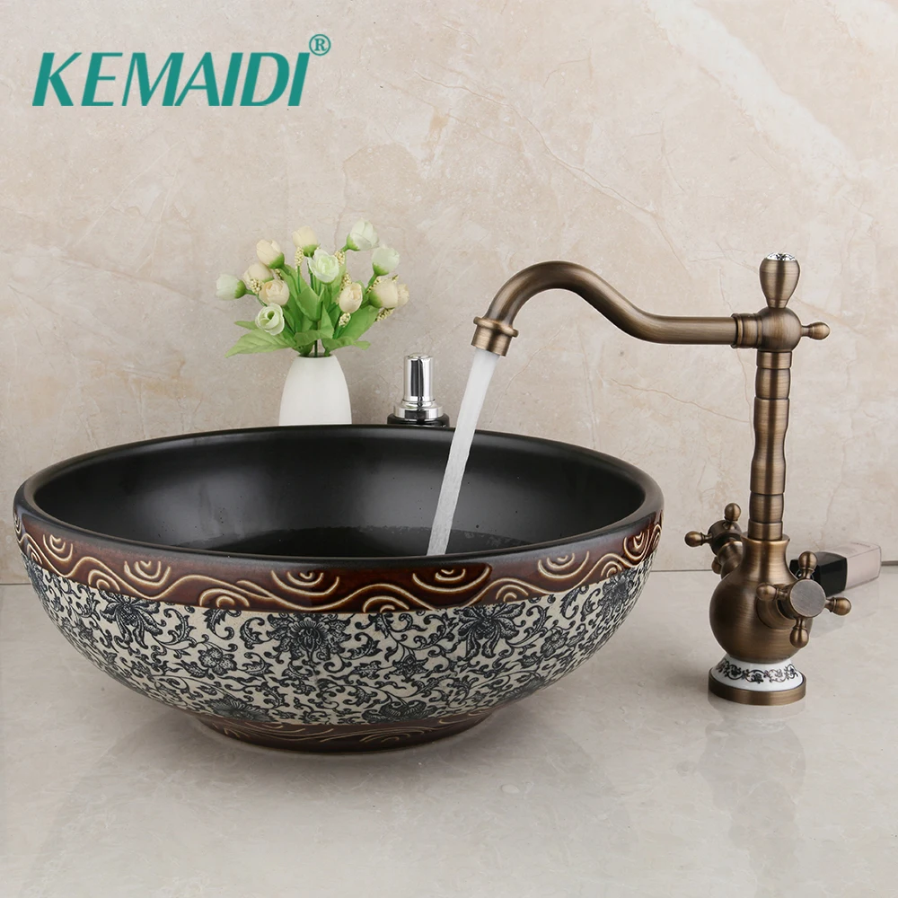 KEMAIDI Round Bowl Sinks Vessel Basin Bathroom Washbasin Ceramic Sink Antique Brass Mixer Faucet | Обустройство дома