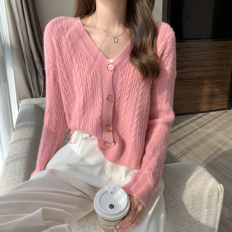 

Women Knitted Cardigan Sweaters Fashion Autumn Long Sleeve Loose Short Knitted Coat Casual Button V Neck Twist Female Tops 2021