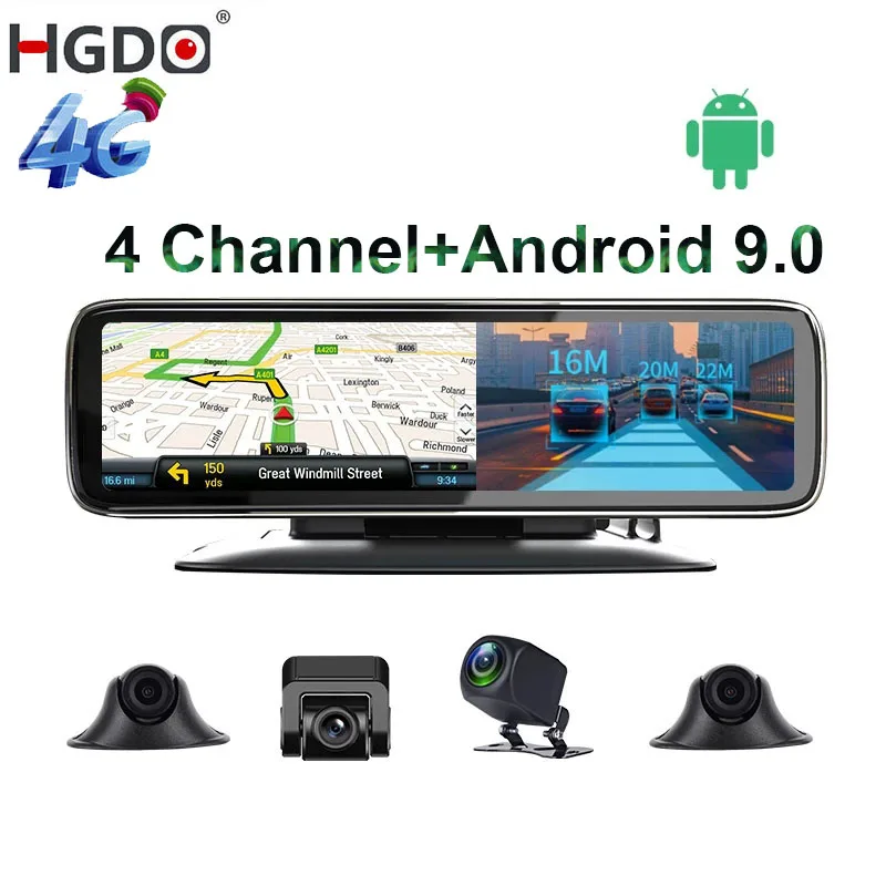HGDO 11.26" 4 Channel Lens Android 9.0 Dashboard Car DVR Video Recorder HD ADAS Rearview Mirror Camera Dash Cam Auto registrar