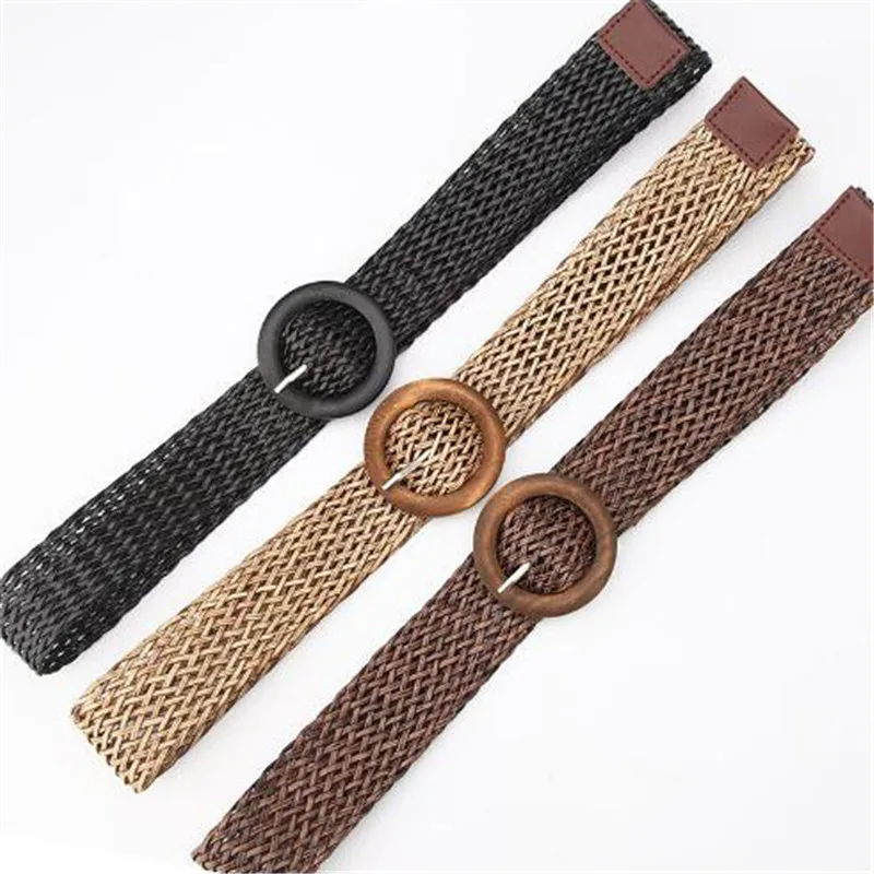 Knitted Women Braided Belt Luxury Brand Waistband Female Wood Round Buckle Jeans Wild Circle Pin Waist Band Strap