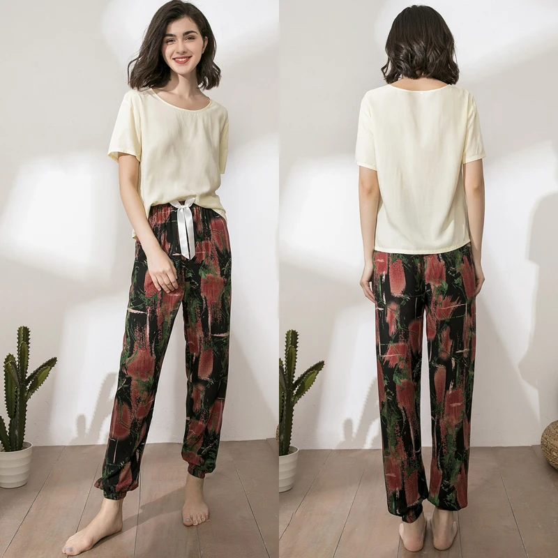 Women's Pajamas Set Viscose Homewear Summer Short-Sleeve T-Shirt Long Pants Sleepwear Suits Floral-Printed Mujer 2PCS Lingeries