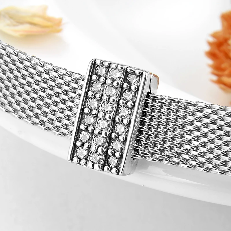 925 пробы Серебряная Прямоугольная форма прозрачный CZ бусина с зажимом подходит