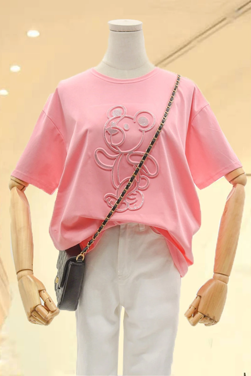 

2021 New Korean Style Cartoon T-shirt Women's Short Sleeve Round Neck Rhinestone Bear Loose Cotton Summer Half Sleeve Tops