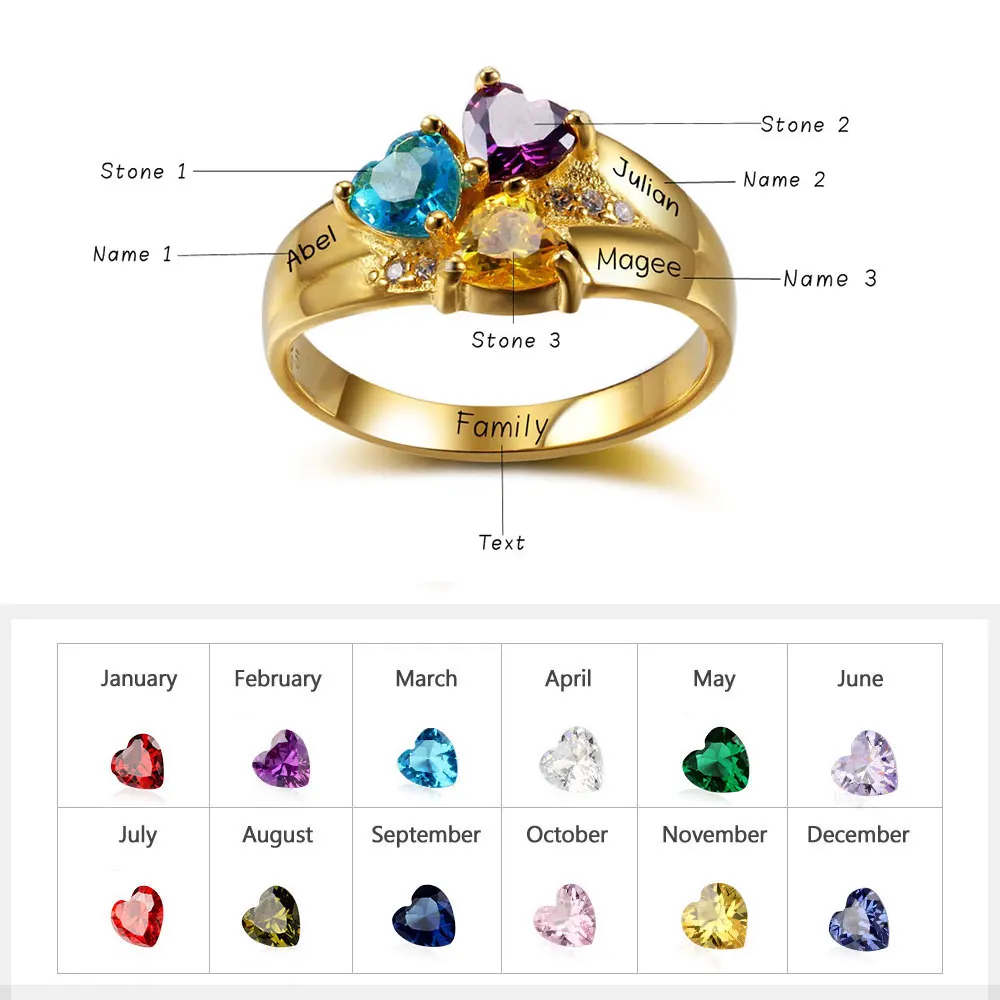 3 Names-Gold Кольцо с комером,соответстуюшщий месяцу рожения,можно выгравировать имя Чистого серебра 925 обручальное кольцо diy сердце любовь формого кольцо(jewelora RI101781 - Цвет камня: 3 Names-Gold