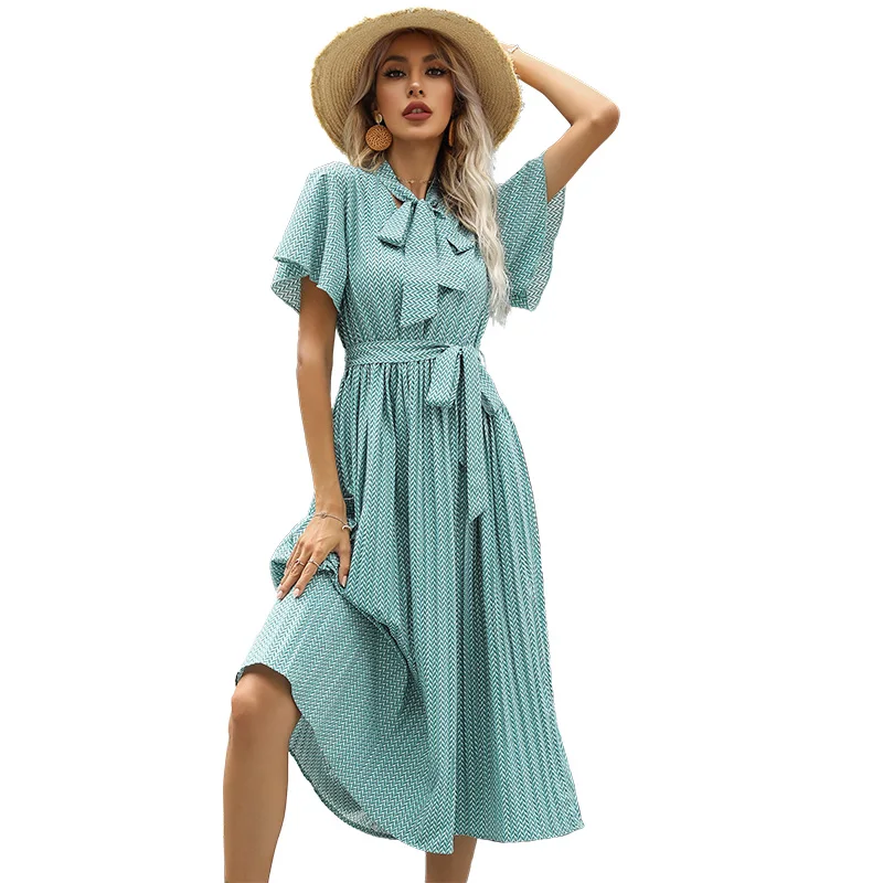 

Elegant Pleated Dress Female Scarf Collar Short Sleeved Lace Up Waist Sweet Style Green Clothes