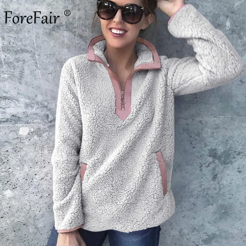 Forefair Zip Casual Turtleneck Fleece Sweatshirt Women Autumn 2019 Turn Down Neck Pullovers Female Slim Faux Fur Warm | Женская одежда