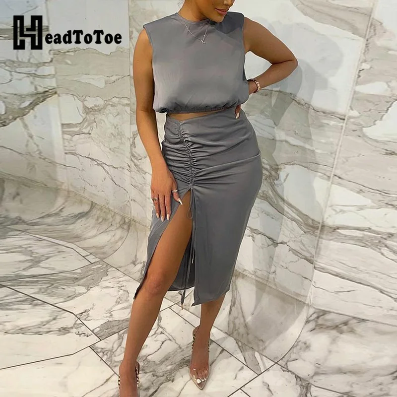 

Keyhole Back Crop Tank Top & Drawstring Ruched Split Thigh Skirt Set Women Two Piece Set