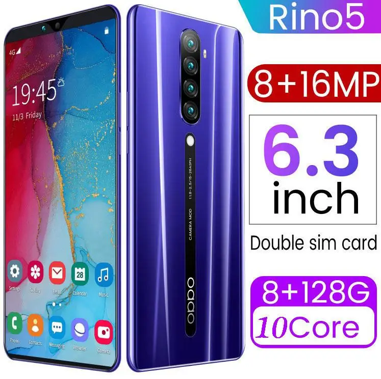 

Rino5 Mobile Phone 6.3Inches Dual SIM Card 8G RAM + 128GB ROM Android 9.1 Face Recognition Fingerprint Unlocking Smart Phone